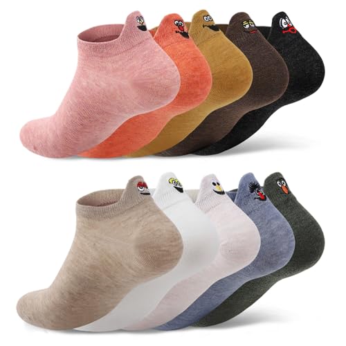 scenicamp 10 Pairs Cute Socks Kawaii Embroidered Funny Low Cut Ankle Socks Novelty Sock for Women Girls (Cartoon Face)