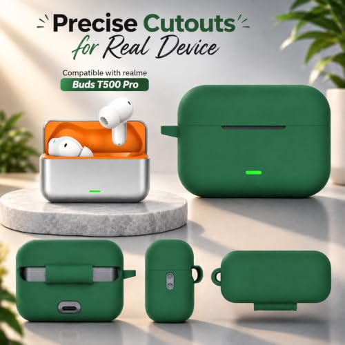 Image of Silicone Case for Realme Buds T500 Pro TWS Earbuds | Shockproof 360 Protective Cover | Heavy-Duty Carabiner Clip | LED Visible | Soft Anti-Slip & Lightweight Case (Green)