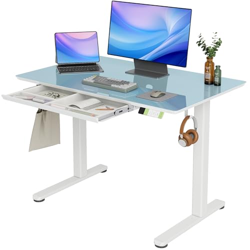 INNOVAR Glass Standing Desk with Drawers 40×24 Inch Morandi Blue