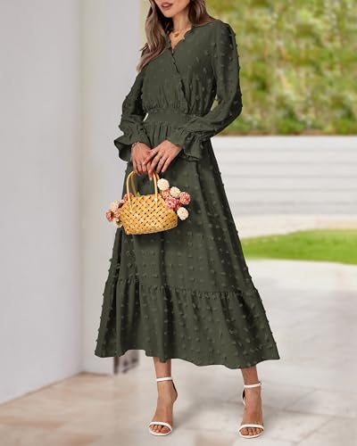 BTFBM Women Fall Maxi Dresses 2025 Long Sleeve V Neck Swiss Dots High Waisted A-Line Ruffle Boho Long Dress Vacation4