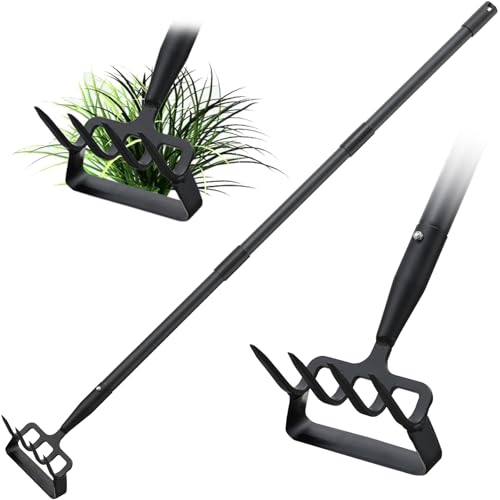Azada de jardín 2 en 1, desbrozadora y cultivador de mango largo de 188 cm, herramienta de jardinería ergonómica con hoja afilada y 4 dientes, azada de estribo de acero al carbono resistente para