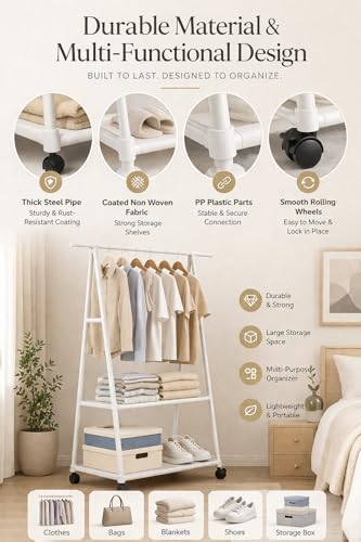 Image of AARKRI SALES 3-Tier Clothes Rack with Wheels, Double Hanging Rod Garment Rack, Multi-Layer Shoe Storage Organizer, Heavy Duty Metal Frame with Hooks for Bedroom Entryway (Triangular Shoe and Hat Rack)