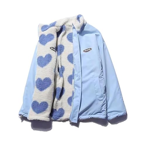 Chaqueta Polar Sherpa Mujer Reversible Estampado Corazones Esponjoso Cálido AbrigoSherpa RopaExterior con Cremallera(Blue,Large)