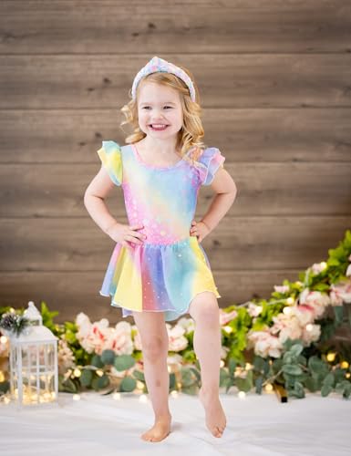 Arshiner Mädchen Ballett Tutu Ballettkleid Kinder Ballettkleidung Baumwolle Ballettanzug Regenbogen Tanzbody mit Chiffon Rock Tütü 140/5-6 Jahre