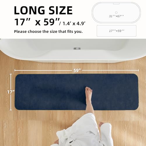 Bathroom Mat Quick Dry, Bathroom Rugs Non Slip Washable Thin Absorbent Bath Mat Fits Under Door Bathroom Floor Mat Perfect for Bath, Shower, or Sink 17"x59" Navy Blue