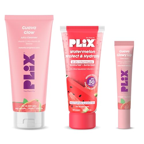 Image of PLIX - THE PLANT FIX Glow, Moisturize & Protect Combo | Guava cleanser & Watermelon dual sunscreen & Guava lip tinted blam | With SPF PA 50 ++++ & Vitamin C