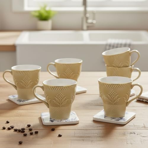 Image of Clay Craft Fine Ceramic Tea Cups Set of 6| 120 Ml Designer Cups with Elegant Texture & Gold Rim | Ideal for Tea Serving| Home| Guests & Gifting