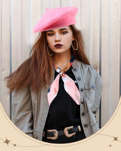 6 Pcs Silk Feeling Scarf 27.5 Inch French Beret Hats for Women Gold Plated Hoop Earrings Set Satin Oil Paint Head Scarf for Gift4