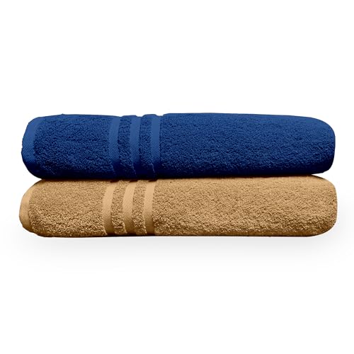 Image of Divine Casa 100% Cotton Bath Towel Set of 2, 550 GSM Ultra Soft Highly Absorbent Thick Towels, Large 75 x 150 cm, Blue & Beige Combo