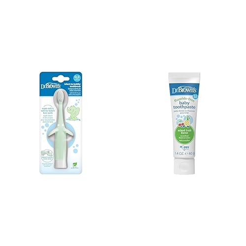Dr. Brown's Cepillo de dientes para bebés y niños pequeños, elefante, menta, 0-3 años y pasta de dientes para bebés sin flúor, cuidado bucal para