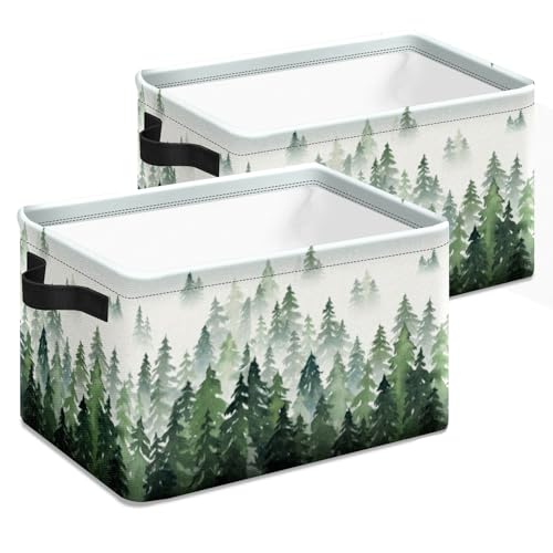 Image of mchuang Boho Pine Trees Storage Basket 2 pcs Large Foldable Storage Bin Cube Collapsible Organizer with Handles for Storage Toy Storage