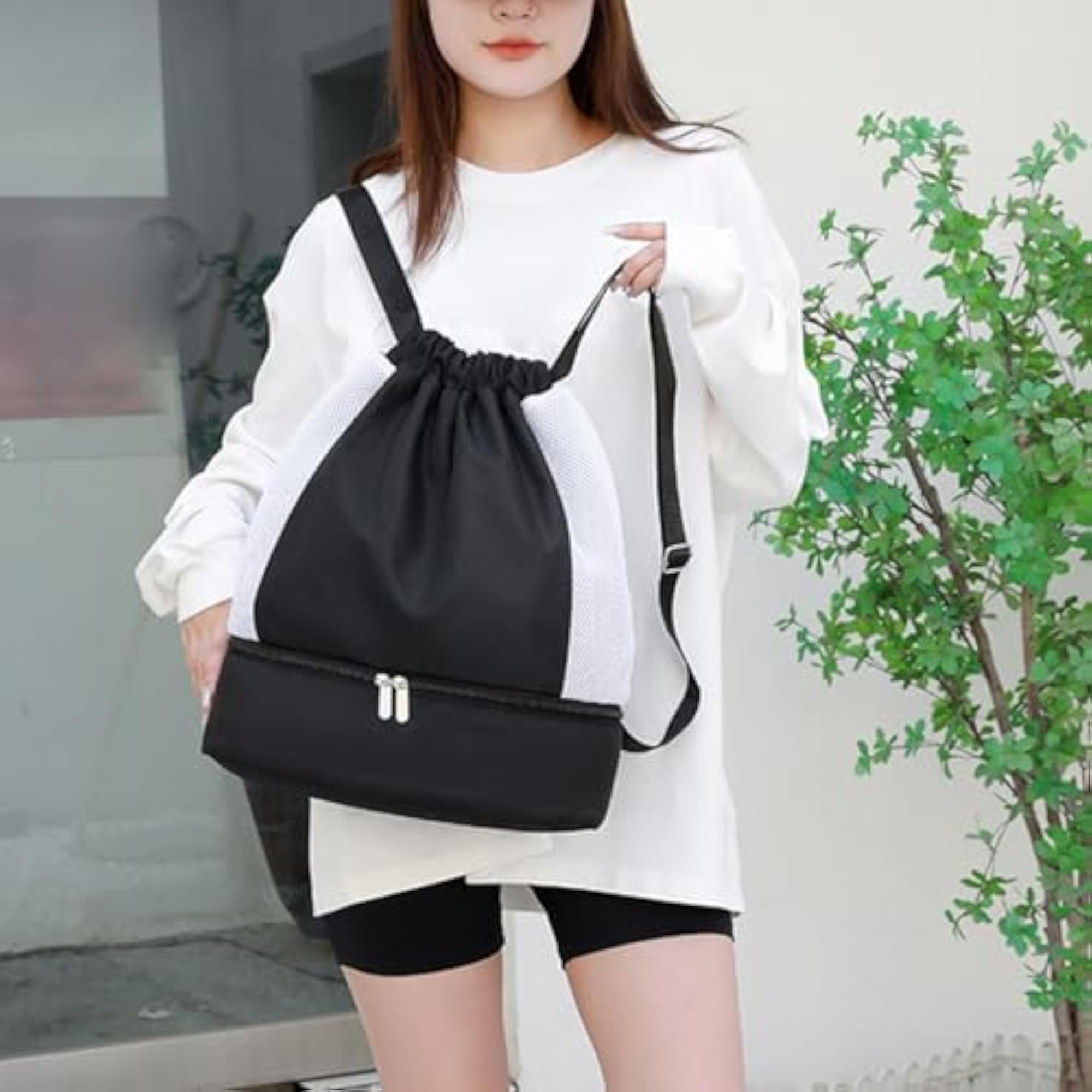 Drawstring Backpack for Gym, Waterproof Sports Bag Black