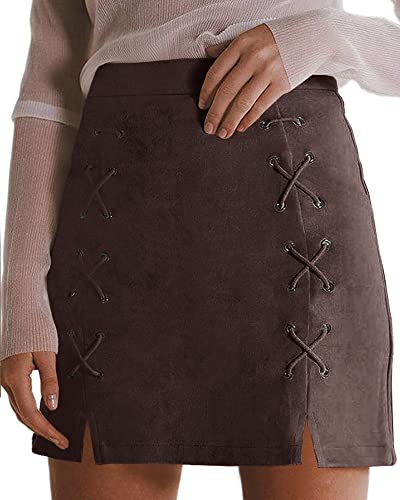Image of MANGOPOP Women's Classic High Waist Lace Up Bodycon Faux Suede A Line Mini Pencil Skirt (Coffee, Small)