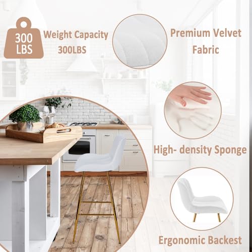 Image of Sidanli Velvet Bar Stools with Gold Legs, Set of 2 Counter Height Stools for Kitchen Island, 29 Inch Modern Barstools with Swivel Leveling Feet, White