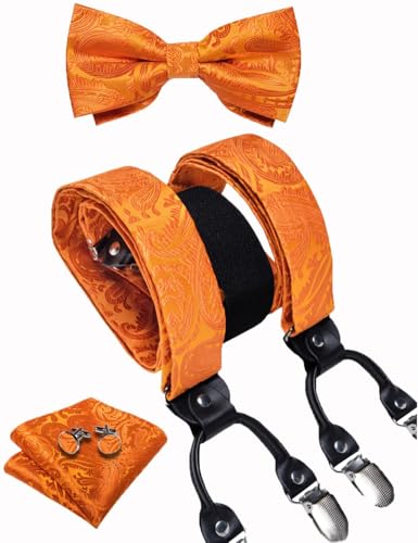 Image of DiBanGu Paisley Bow Tie and Supenders for Men Tuxedo Heavy Duty 6 Clips Suspender Adjustable Y-Shape Mens Trouser Braces