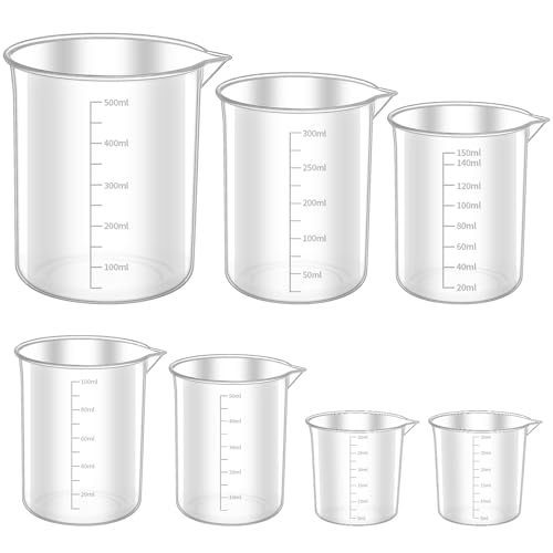 Okeno Select 7 Stück Messbecher Set, ML Messbecher 30ml 50ml 100ml 150ml 250ml 500ml, Meßbecher, Präzisions Hitzebeständig Kunststoff Klein Measuring Cup mit Skala für Labor Küche Waschmittel Dosierer
