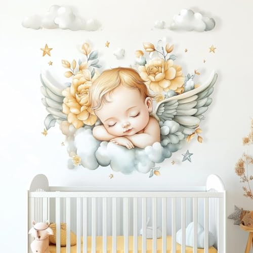 Vinilo decorativo para pared Angel Baby con flores y alas miniatura 3