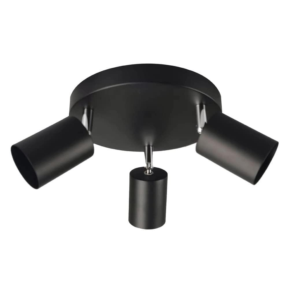 Plafón de tres luces GU10 en color negro, ideal para iluminación decorativa y funcional en hogares y espacios comerciales.