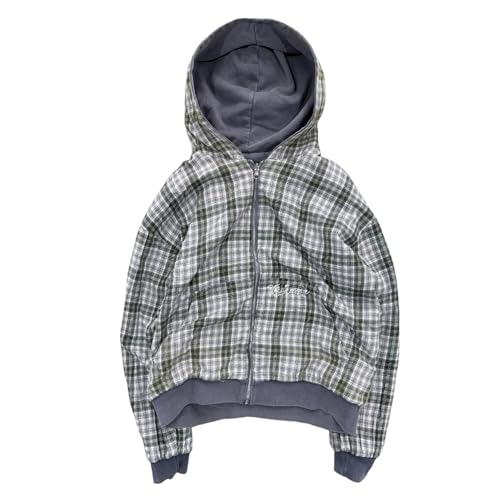 Y2k Grunge Plaid Zip Up Hoodie Men Streetwear Jacket Oversized 2000s Graphic Hoodie Fall Baggy Rapper Sweatshirts (Grey plaid,S)