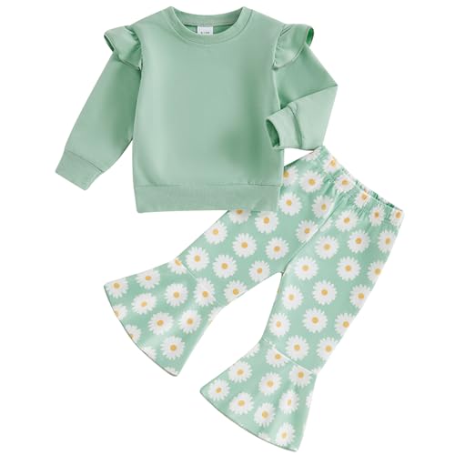 Image of Mubineo Toddler Baby Girl Clothes Cute Outfits Long Sleeve Sweatshirt Tops Floral Bell Bottom Pant Fall Winter Outfit (Green Daisy, 3-4T)