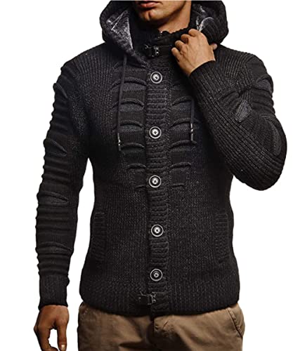 Men Cardigan Sweater with Hood Cable Knit Button Down Cardigan Sweaters for Big and Tall Washable