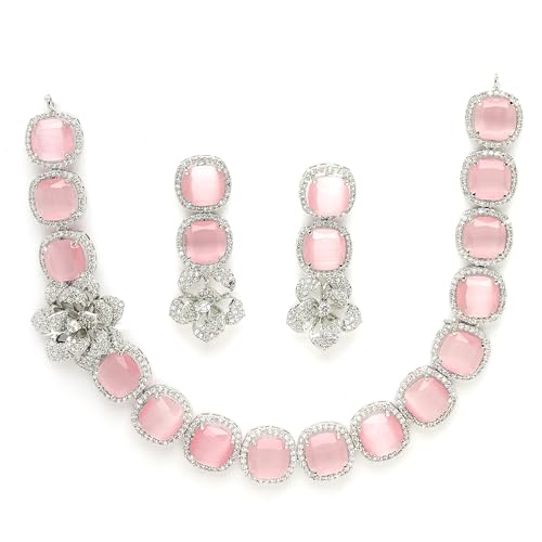 Image of ZENEME Jewellery Set Classic Style Rhodium Plated AD /American Diamond Studded Silver Plated Bejeweled Rose Necklace Jewellery Set for Women & Girls