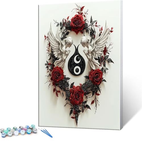 Pintar por Numeros Adultos, Rosas ángeles Paint by Number Kits con Pinceles y Pigmento Acrílico, Sin Marco Principiantes DIY Pintura al óleo Colorear Lienzo Manualidades, Decor del Hogar 35x50cm S-231