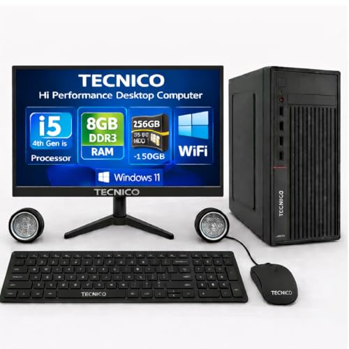 Image of TECNICO Office Desktop Computer CPU with 20-inch Monitor, Core i5 4th Gen, 8GB RAM, 256GB SSD, Windows