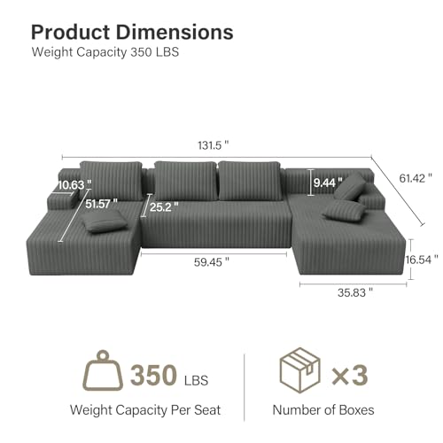 Image of LAUSAINT HOME 132 inch Modular Sectional Sofa Couches, U-Shaped Boneless Cloud Sofa with 4 Deep Seat, 6 Cushiones Oversized Chaise for Living Room, Bedroom, Plush Corduroy Fabric (U Shaped Sofa, Grey)