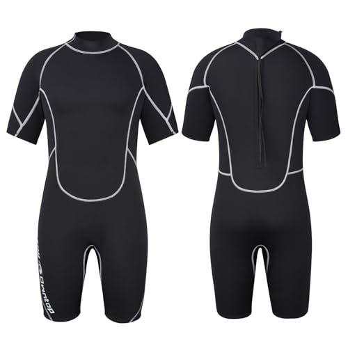 Owntop Traje de Neopreno Shorty 3/2mm Hombres - Trajes de Buceo con Cremallera Trasera para Buceo Surf, Manga Corta Neopreno Elástico Wetsuit para Deportes Acuáticos, Hombre Negro XL