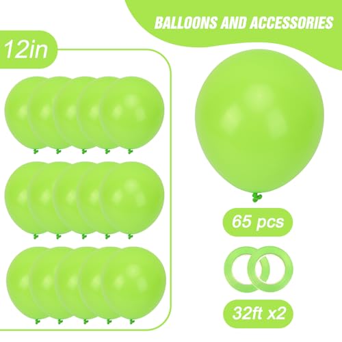 Image of RUBFAC Lime Green Balloons 65pcs, 12 Inch Light Fruit Neon Green Party Balloon with Ribbons for Birthday, Dinosaur Jungle Party Decorations
