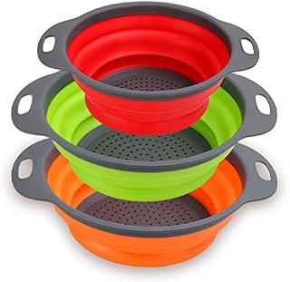 Collapsible Colander Set of 3 - Silicone Kitchen Strainers with Plastic Handles - 4 Quart & 2 Quart Sink Colander for Draining Pasta, Vegetables, Fruits (Green, Orange, Red)