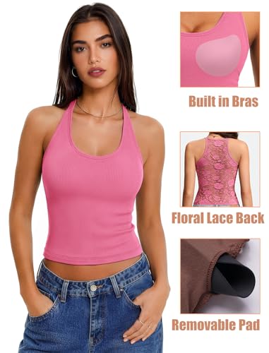 Tank Tops with Built in Bras Ribbed Lace Womens Summer Outfits Pink L - image 5
