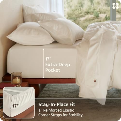 Image of Bedsure PureWoven 100% GOTS Certified Organic Cotton Sheets, Queen Size | Eco-Friendly, 17 inch Deep Pocket with Corner Straps, Luxury Hotel Soft, Breathable & Durable Sateen Bed Sheets, OEKO-Tex, Ivory
