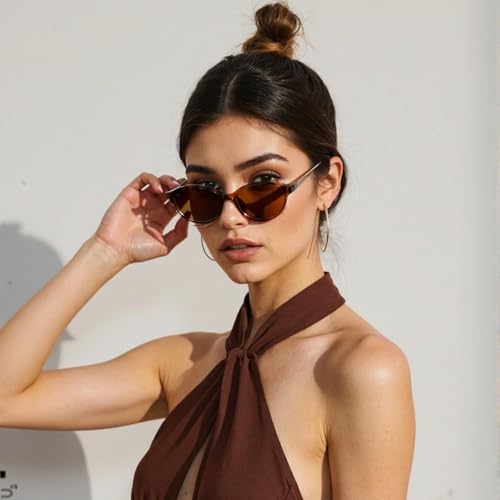 Oval Sunglasses for Women Chic Cat Eye Vintage Thin Frame Lightweight Narrow Shades Trendy Sun Glasses3