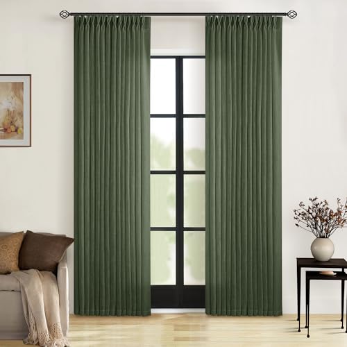 Image of 80 Inches Long Olive Green Linen Curtains for Living Room Pinch Pleat Hooks for Living Room Back Tab Thick Linen Textured Pleated Drapes Light Filtering Loden Bedroom Window Curtains 80 Inch Length