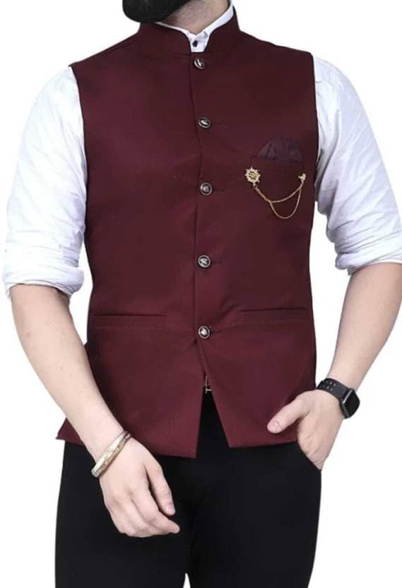 Image of Men's Nehru Style Waistcoat, Black Premium Matty Fabric, Sleeveless Regular Fit, Chain Brooch Detail