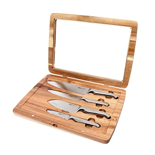 Furi Pro Knife Set 4 pc, Beautiful Acacia Wood Gift Box with Four Premium Knives for a Superior Cutting Performance, Stainless Steel Blades, Ergonomic Reverse-Wedge, Anti-Fatigue Handle