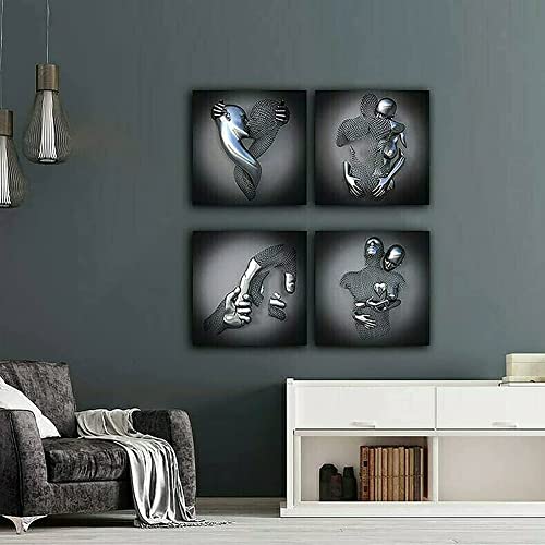 4Pcs Love Heart Effet 3D Wall Art,Métal Fil Sculpture Figure Couple Suspendu Peinture,Abstrait Toile Wall Art,Décoration Murale de Peinture Moderne pour de Chambre/M(Size:50*50cm*4,Color:Pas de cadre) Cover