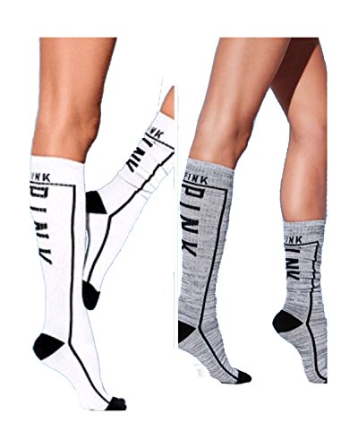 Victoria's Secret PINK! Knee High Sock 2 Pairs White/Grey