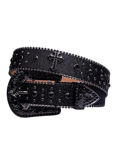 Verdusa Women's Rhinestone Studded Leather Belt Metal Buckle Rivet Western Waist Belts
