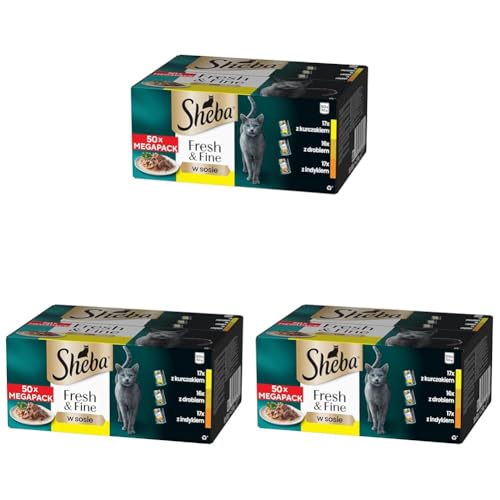Sheba Fresh & Fine Multipack Portionsbeutel 3 Varietäten Huhn, Geflügel, Truthahn in Sauce 50x50g (Packung mit 3)