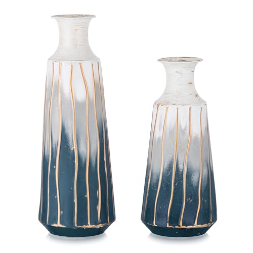 Sziqiqi Jarrone Grandes para Pampas - Metal Jarrones Decorativos para Salon Juego de 2 Modernos Altos Floreros para Mesa Azules Cilíndricos Jarrón para Flor Artificial Ramitas Mimbre