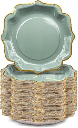 Lot de 100 assiettes en carton vert sauge de 23 cm avec feuille d'or - Assiettes décoratives pour anniversaire, fête prénatale, mariage