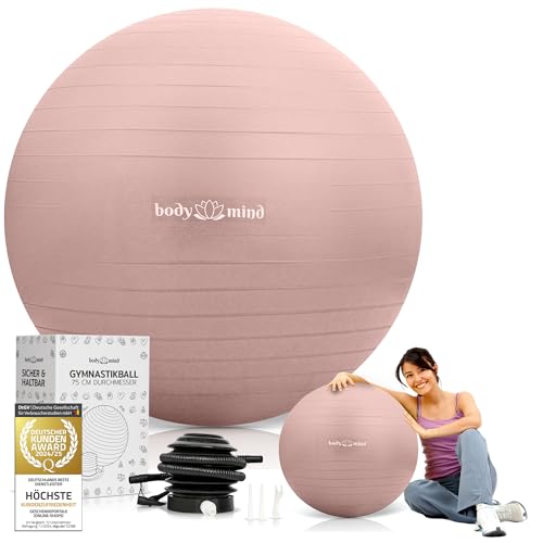 Body & Mind Gymnastikball inkl. Luftpumpe - Anti-Burst Pilates Ball, Pezziball für Schwangerschaft Ergonomischer Sitz als Büro-Stuhl, Sitzball für Yoga, Gymnastik & Workout (Rose, 55 cm)
