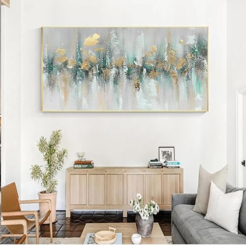 Peinture abstraite dorée et verte grand format pour illuminer un mur sombre