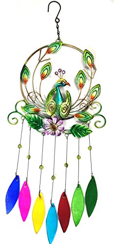 Bejeweled Display Unique Beautiful Peacock w/Colored Glass Wind Chime