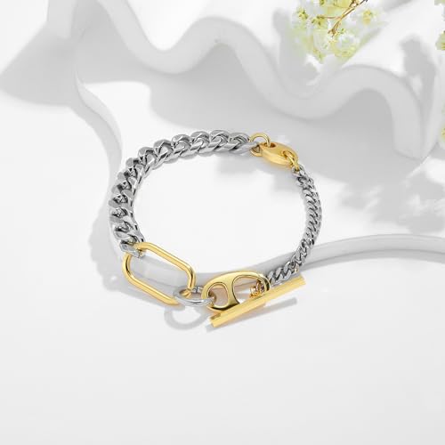 WOWORAMA Two Tone Link Chain Bracelet for Women Men Gold and Silver Paperclip Link Bracelets Unisex Mixed Metal Bracelet Thick Chunky Chain Bracelets4
