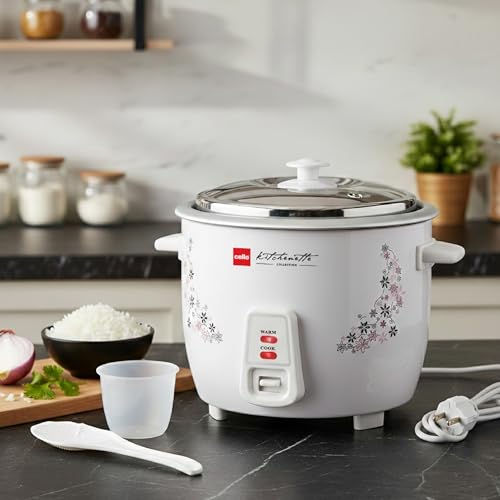 Image of CELLO Iris Electric Rice Cooker with Single Pot 1.5L White | 500W Power, Removable Aluminium Non-Stick Bowl with SS Lid, Cool Touch Handle, One Touch Automatic Warm Function, For Rice Pulao Maggi Soup