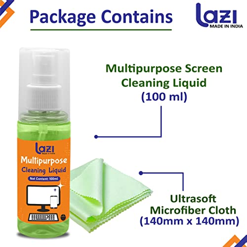 Image of LAZI 2 in 1 Laptop Cleaning Kit - 100ml Green Liquid Spray Screen Cleaner with Microfiber Cloth for Laptops, Mobiles, Phones, iPhone, MacBook, Electronics gadgets, PC, LED, LCD, TV and Computer Screen